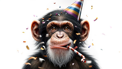 Funny Monkey in party greeting to New Year. Generative Ai. Cute chimpanzee with party hat and Party Horn in celebration