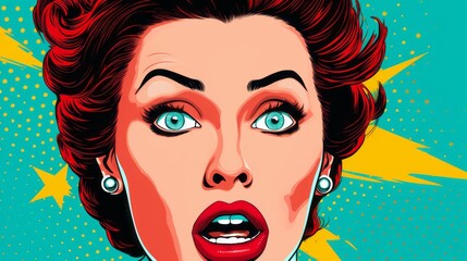 portrait of a person with hair, red lips, light blue eyes in pop art style