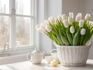 Wicker basket with tulips, easter on kitchen table. Spring easter composition with space for text.