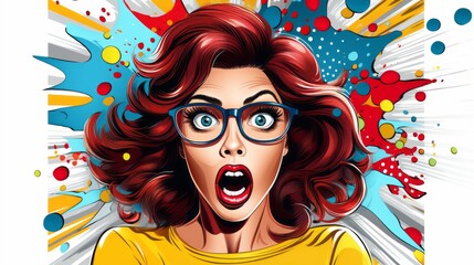 screaming woman with headphones listening music, blue glasses on multicolor background in pop art style