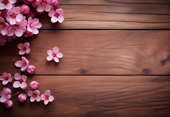 Pink flowers on wooden brown background.