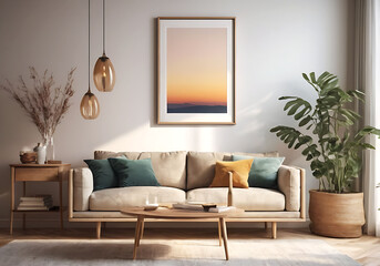 Naklejka premium Frame mockup, ISO A paper size. Living room poster mockup. Interior mockup with house white background. Modern interior design. 3D render