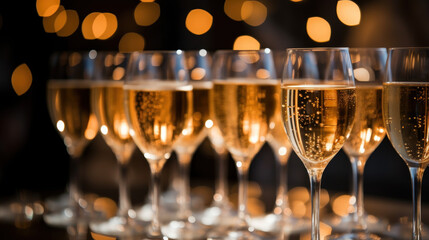 Set of  glasses of champagne, drinking sparkling wine. Christmas and party - obrazy, fototapety, plakaty