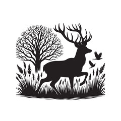 Wild Deer Silhouette - Enchanting Forest with Deer Grazing Wild Deer Black Vector

