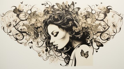lllustration of woman with hair in stencil art style on white background