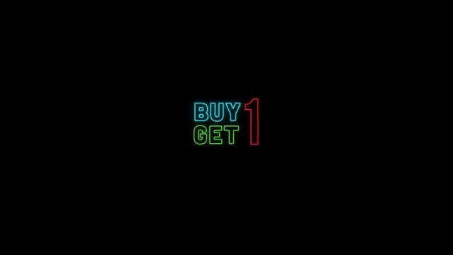 Neon light "Buy 1 Get 1" text animation. Sale badge promotion, business Label concept Motion graphics with alpha channel. High resolution 4K footage video.