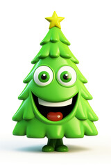 Crazy Christmas tree mascot, with eyes and toothy smile, 3D illustration