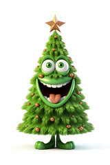 Crazy Christmas tree mascot, with eyes and toothy smile, 3D illustration