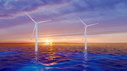 Offshore wind turbines farm on the ocean. Sustainable energy production, clean power. Close-up wind turbine.	
