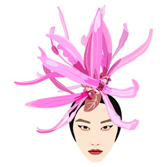 Head of a pretty Asian girl with a blooming flower of Loropetalum Chinense plant as her hair ornament. Chinese fringe flower or strap flower. Isolated vector illustration.