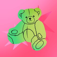 Cute green Teddy Bear. Funny character. Valentines day, love, romance, toy, gift concept. Cartoon style. Hand drawn colorful illustration. Gradient color. Greeting card, print, design template