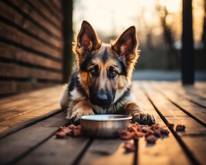 German Shepherd dog lying behind the bowl with kibble dog food, looking at the camera.