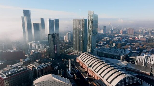 Manchester city UK  skyline winters day Fog aerial