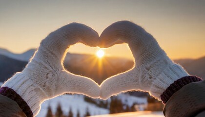 Female hands in winter gloves shaped Heart symbol. Sunset in the background - obrazy, fototapety, plakaty