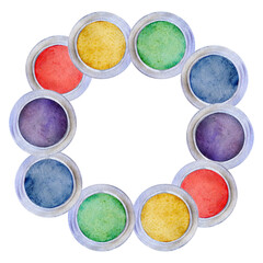 Watercolor hand drawn illustration, kids children painting materials supplies, colorful gouache acrylic ink bottles. Wreath frame isolated on white. School, kindergarten, party, cards, website, shop