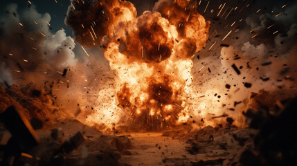 Cluster bomb explosion in modern warfare scenario. Huge explosion with fragments on air - obrazy, fototapety, plakaty