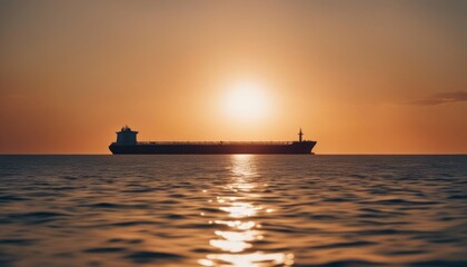 Fototapeta na wymiar A big LNG tanker ship travelling over the calm ocean during sunset