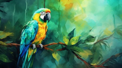 Tropical parrot in a lush forest with green leaves, drawn with watercolor technique