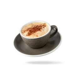 Dark grey granite texture cup cappuccino coffee with cinnamon toping flying isolated on white background. Pastry shop or cafe card
