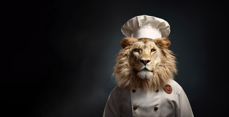 Realistic lion chef costume, uniform with cap head. Head chef on blue background with space for text. Fantastic concept of restaurant business. restaurant cafe high level of service advertising banner