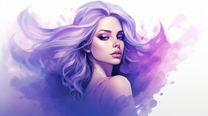 Naklejka premium Woman's face with hair blowing in the wind on a watercolor-style background with space for graphic text insertion