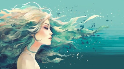 Profile of the face of a young woman with long hair blowing in the wind on an isolated blue background with space for text