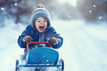Fototapeta na wymiar Funny little child runs on sledge in snow. Active sports games in winter time. Happy winter holidays concept. comeliness