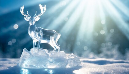 Crystal glass deer on ice with sunlight and shadows on background.	
