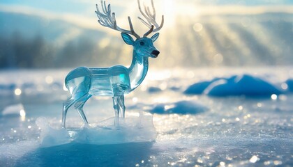 Crystal glass deer on ice with sunlight and shadows on background.	

