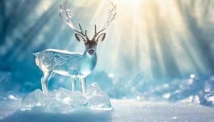 Crystal glass deer on ice with sunlight and shadows on background.