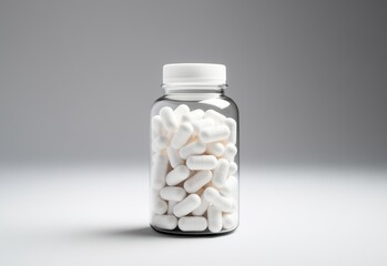 White capsules in a glass bottle against a grey wall background. 