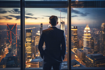 Silhouette of the manager behind the window of his office in front of the New York skyscrapers upon his arrival at the office at dawn. Work and business concept. Ai generated - obrazy, fototapety, plakaty