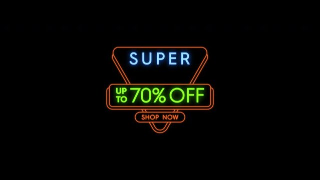 Super sale discount 70% footage animation. Motion graphic asset about promotion product with neon light style. High resolution 4k video.