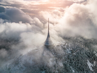 Jested mountain with modern hotel and TV transmitter on the top, Liberec, Czech Republic. Building...