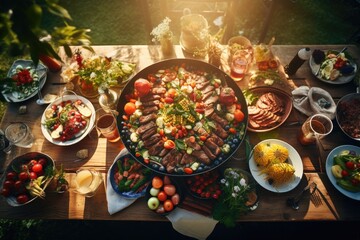 Dining table with different food on it at sunset. Top view, Barbecue cooking outdoor leisure party,...