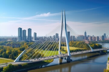 Modern bridge over the river in the city of Moscow, Russia, Beautiful panoramic aerial drone view...