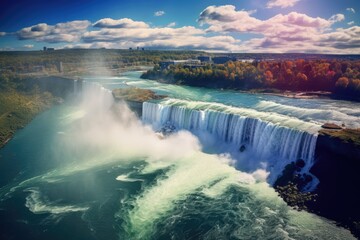 Niagara Falls, USA. Aerial view of the most powerful waterfall in the world, Beautiful Spring Views...
