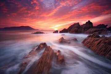 Fototapeta premium Long exposure of the rocks in the sea at sunset, Sardinia, Beautiful seascape at sunset captured through a long exposure shot, AI Generated