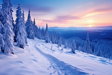 Majestic sunset in the winter mountains landscape. Dramatic wintry scene, Beautiful winter landscape in the Carpathian Mountains, Ukraine, AI Generated
