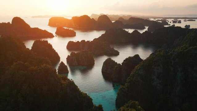 Raja Ampat, Indonesia. Aerial view of the group of islands near the Misool island in West Papua at sunset