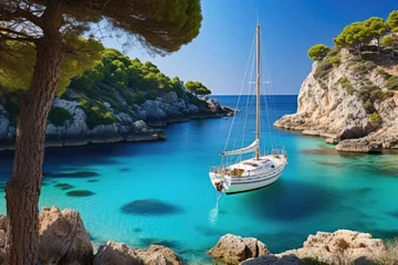 Poster Im Rahmen Sailing yacht on turquoise Mediterranean sea in Calanques, France, Beautiful beach with a sailing boat yacht, Cala Macarelleta, Menorca island, Spain, AI Generated © Ifti Digital