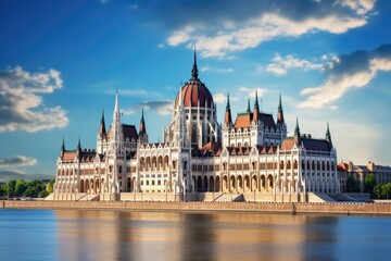 Fototapeta premium Parliament building in Budapest, Hungary at sunset. Travel background, Beautiful building of Parliament in Budapest, a popular travel destination, AI Generated