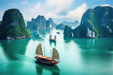 Halong bay, Vietnam. Famous tourist attraction in Vietnam. Asia travel, Beautiful landscape of Halong Bay viewed from above the Bo Hon Island, AI Generated