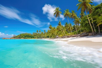 Beautiful beach at Seychelles, Praslin island, Beautiful tropical Barbados island, View of the golden beach with palms and crystal clear water, AI Generated