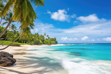 Fototapeta na wymiar Beautiful beach at Seychelles, Praslin island, Beautiful tropical Barbados island, View of the golden beach with palms and crystal clear water, AI Generated