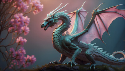 Obraz premium A fiercy blue and pink dragon on a rock, with open wings in a pastel-toned background.