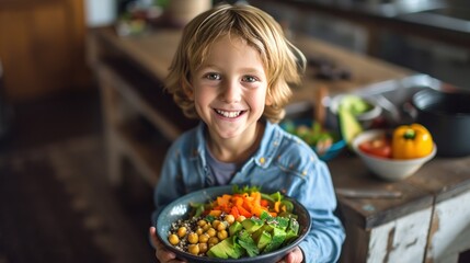 A cheerful young boy smiling while holding a bowl filled with a nutritious mixture of quinoa, avocado, chickpeas, and assorted vegetables