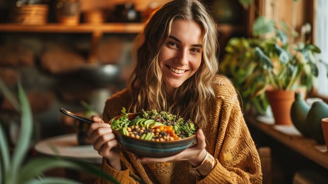 A delightful image of a smiling young girl holding a bowl filled with a nutritious blend of quinoa, avocado, chickpeas, and various vegetables.