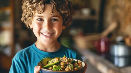 A cheerful young boy smiling while holding a bowl filled with a nutritious mixture of quinoa, avocado, chickpeas, and assorted vegetables