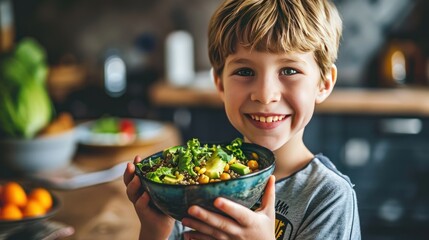 A cheerful young boy smiling while holding a bowl filled with a nutritious mixture of quinoa, avocado, chickpeas, and assorted vegetables